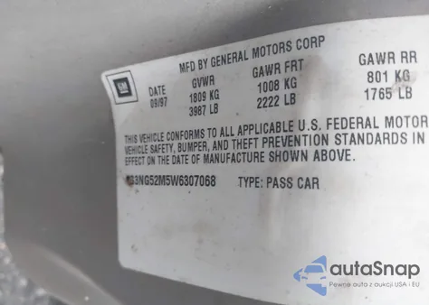 1998 Oldsmobile Cutlass Gls z USA, uszkodzony, nr VIN 1G3NG52M5W6307068